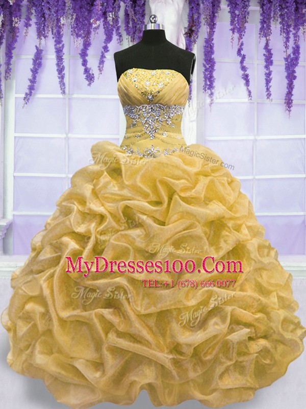 Fantastic Floor Length Gold Vestidos de Quinceanera Organza Sleeveless Beading