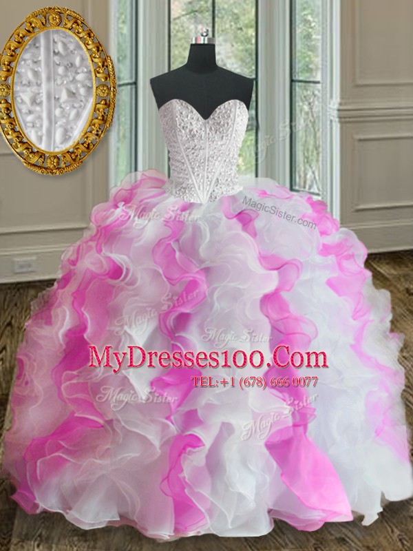Flirting Sleeveless Organza Floor Length Lace Up Sweet 16 Dresses in White and Pink with Beading and Ruffles