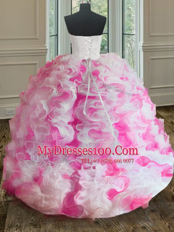 Flirting Sleeveless Organza Floor Length Lace Up Sweet 16 Dresses in White and Pink with Beading and Ruffles