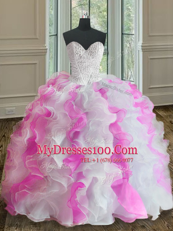 Flirting Sleeveless Organza Floor Length Lace Up Sweet 16 Dresses in White and Pink with Beading and Ruffles