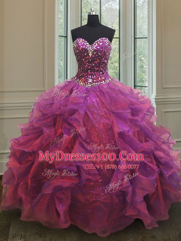 Amazing Purple Sleeveless Organza and Sequined Lace Up Quinceanera Gown for Military Ball and Sweet 16 and Quinceanera