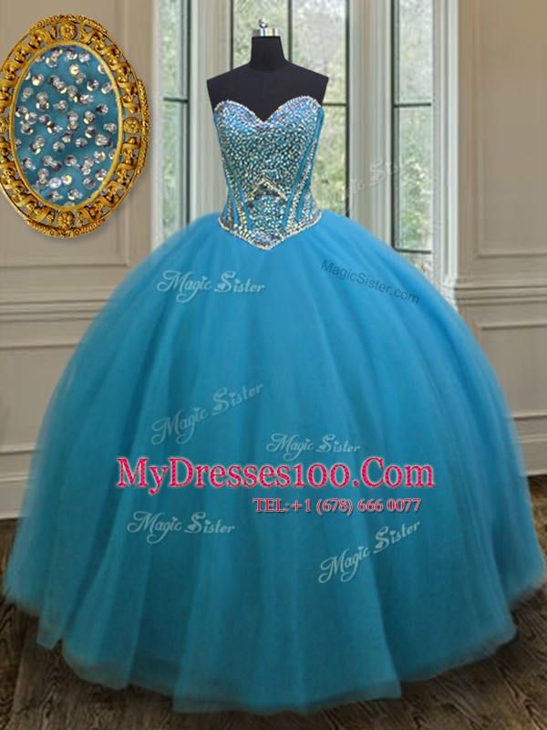 Sweetheart Sleeveless Sweet 16 Quinceanera Dress Floor Length Beading Teal Tulle