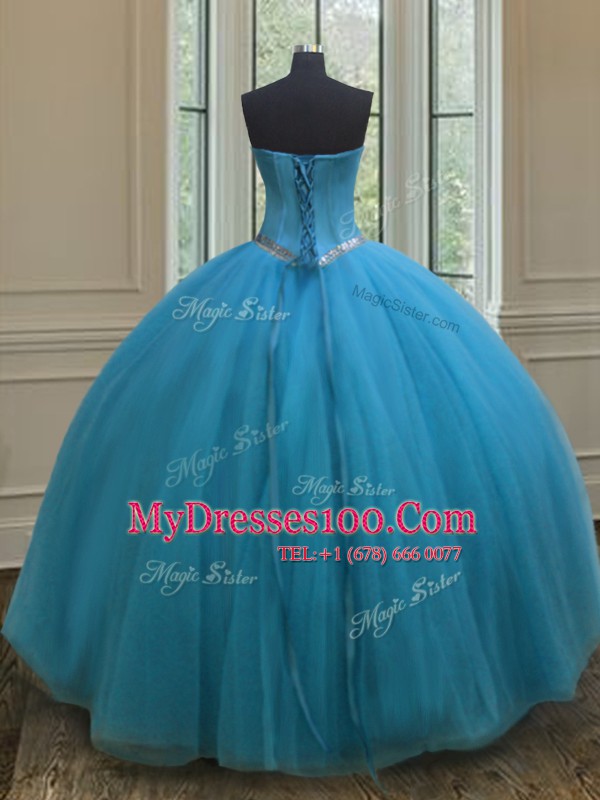 Sweetheart Sleeveless Sweet 16 Quinceanera Dress Floor Length Beading Teal Tulle