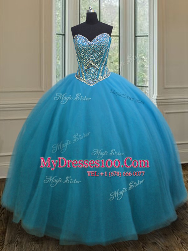 Sweetheart Sleeveless Sweet 16 Quinceanera Dress Floor Length Beading Teal Tulle