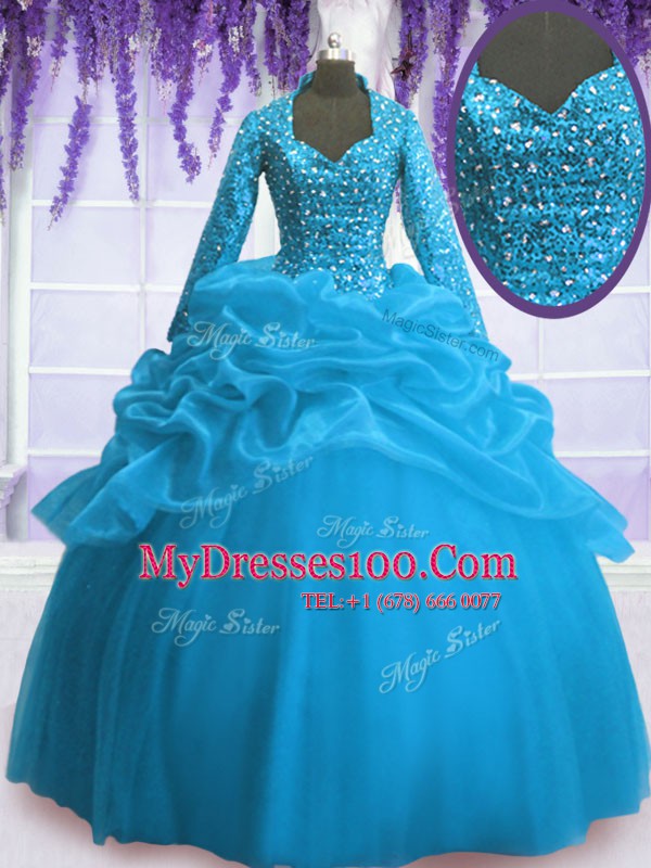 Inexpensive Sequins Pick Ups Floor Length Baby Blue 15 Quinceanera Dress V-neck Long Sleeves Zipper