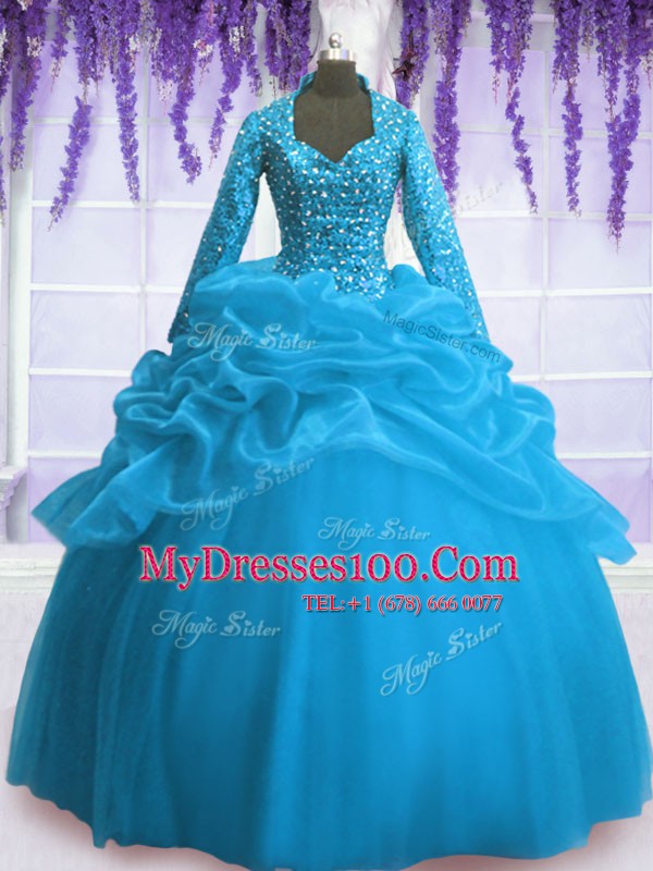 Inexpensive Sequins Pick Ups Floor Length Baby Blue 15 Quinceanera Dress V-neck Long Sleeves Zipper