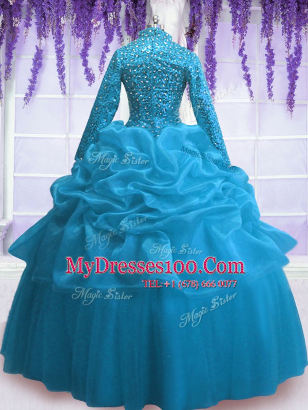Inexpensive Sequins Pick Ups Floor Length Baby Blue 15 Quinceanera Dress V-neck Long Sleeves Zipper