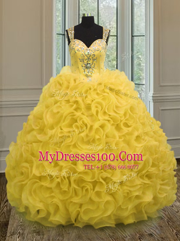 Floor Length Gold Quinceanera Gown Organza Sleeveless Beading and Ruffles
