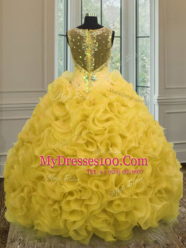 Floor Length Gold Quinceanera Gown Organza Sleeveless Beading and Ruffles