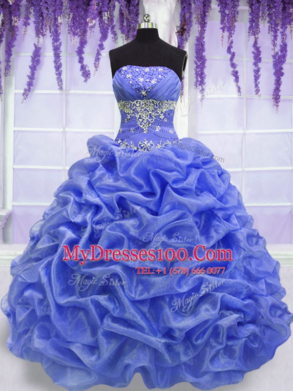 Pick Ups Ball Gowns 15 Quinceanera Dress Blue Strapless Organza Sleeveless Floor Length Lace Up