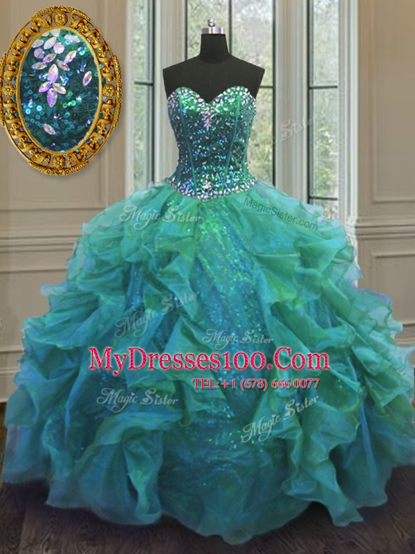 Unique Ball Gowns Sweet 16 Dress Turquoise Sweetheart Organza and Sequined Sleeveless Floor Length Lace Up