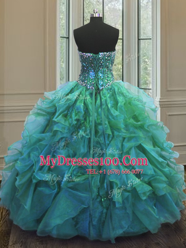 Unique Ball Gowns Sweet 16 Dress Turquoise Sweetheart Organza and Sequined Sleeveless Floor Length Lace Up