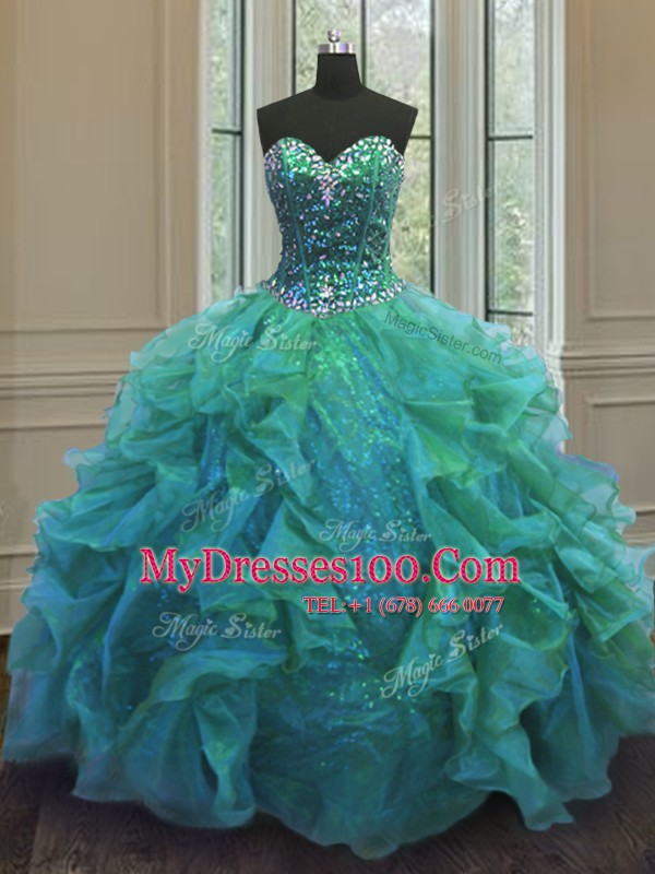 Unique Ball Gowns Sweet 16 Dress Turquoise Sweetheart Organza and Sequined Sleeveless Floor Length Lace Up