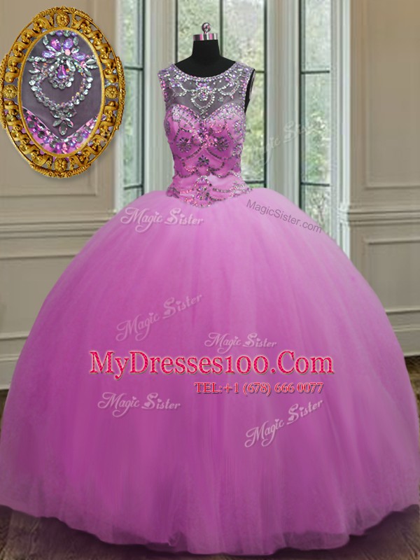 Scoop Lilac Sleeveless Tulle Lace Up Ball Gown Prom Dress for Military Ball and Sweet 16 and Quinceanera