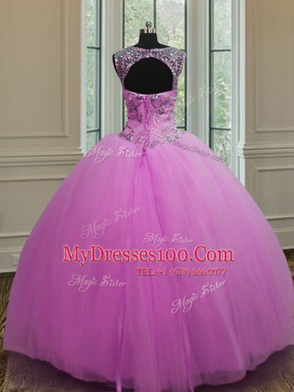 Scoop Lilac Sleeveless Tulle Lace Up Ball Gown Prom Dress for Military Ball and Sweet 16 and Quinceanera