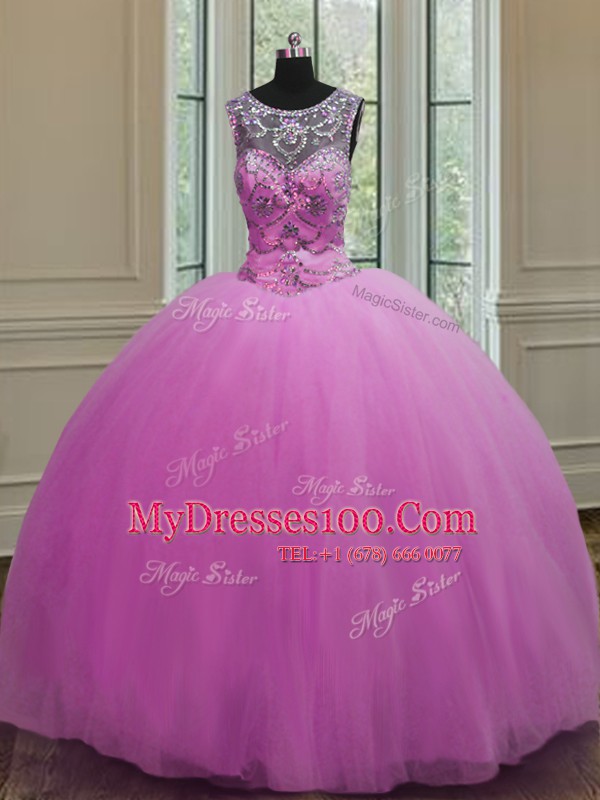 Scoop Lilac Sleeveless Tulle Lace Up Ball Gown Prom Dress for Military Ball and Sweet 16 and Quinceanera