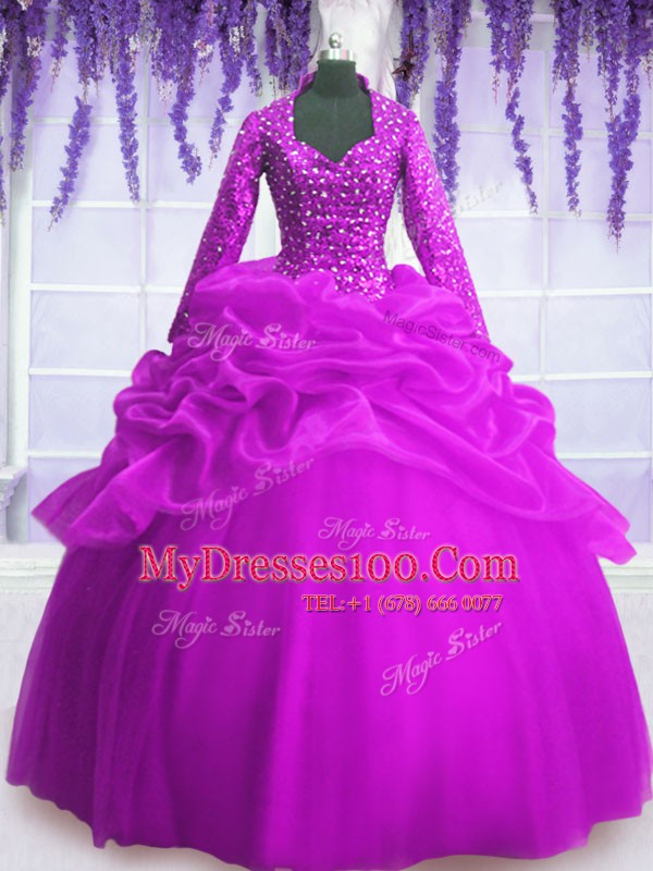 Sweet Sequins Pick Ups Fuchsia Long Sleeves Organza Zipper Quinceanera Dresses for Military Ball and Sweet 16 and Quinceanera