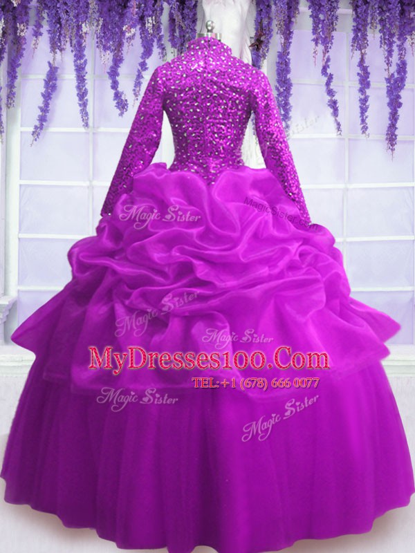 Sweet Sequins Pick Ups Fuchsia Long Sleeves Organza Zipper Quinceanera Dresses for Military Ball and Sweet 16 and Quinceanera