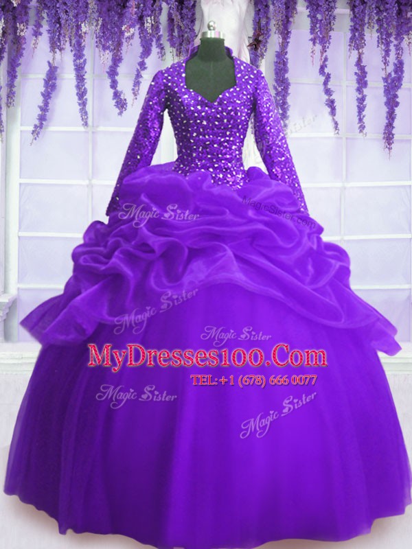 Purple Ball Gowns V-neck Long Sleeves Organza Floor Length Zipper Sequins and Pick Ups Sweet 16 Dresses