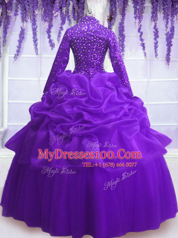 Purple Ball Gowns V-neck Long Sleeves Organza Floor Length Zipper Sequins and Pick Ups Sweet 16 Dresses