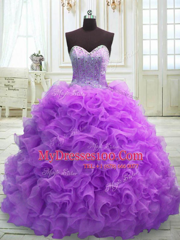 Pretty Purple 15 Quinceanera Dress Military Ball and Sweet 16 and Quinceanera and For with Beading and Ruffles Sweetheart Sleeveless Sweep Train Lace Up