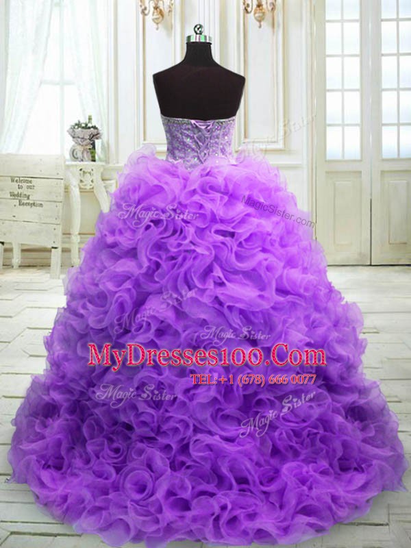Pretty Purple 15 Quinceanera Dress Military Ball and Sweet 16 and Quinceanera and For with Beading and Ruffles Sweetheart Sleeveless Sweep Train Lace Up
