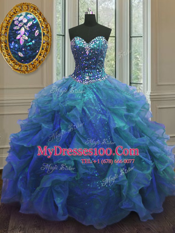 Organza and Sequined Sweetheart Sleeveless Lace Up Beading and Ruffles 15th Birthday Dress in Blue