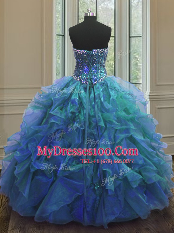 Organza and Sequined Sweetheart Sleeveless Lace Up Beading and Ruffles 15th Birthday Dress in Blue