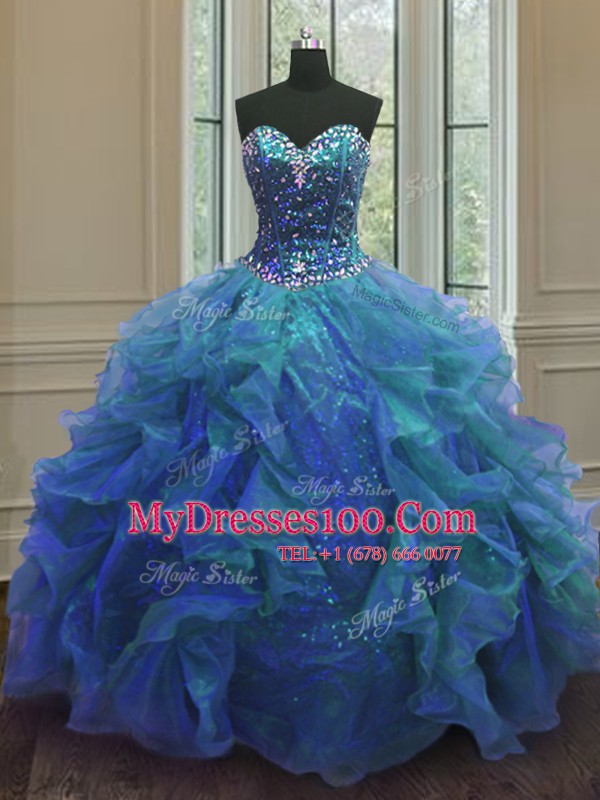 Organza and Sequined Sweetheart Sleeveless Lace Up Beading and Ruffles 15th Birthday Dress in Blue