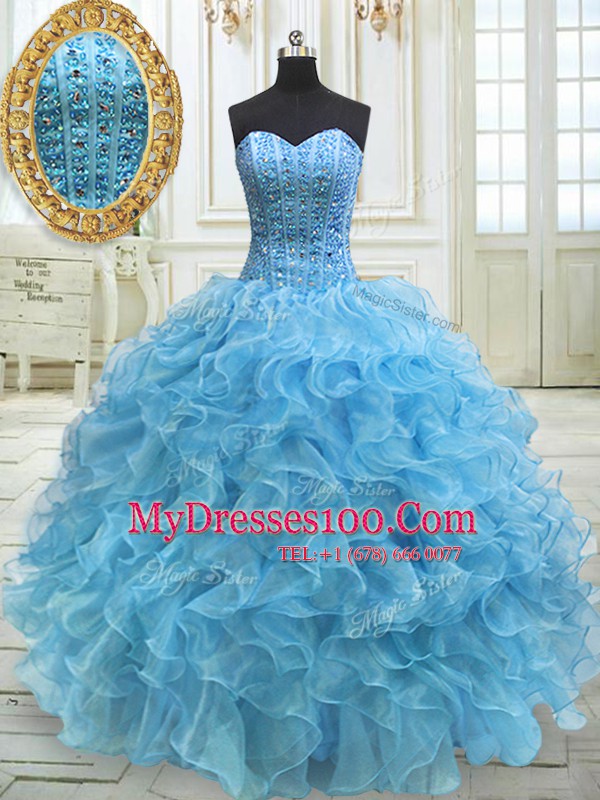 Decent Baby Blue Quinceanera Gowns Military Ball and Sweet 16 and Quinceanera and For with Beading and Ruffles Sweetheart Sleeveless Lace Up