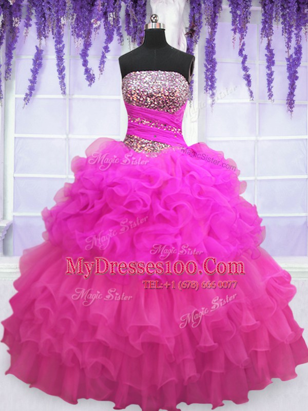 Deluxe Pick Ups Ruffled Strapless Sleeveless Lace Up Quinceanera Gown Multi-color Organza