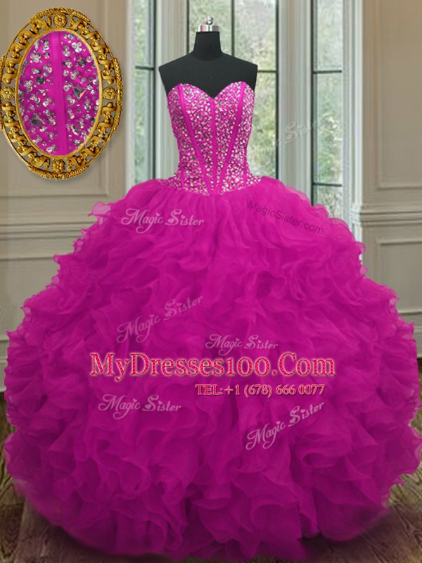 Floor Length Fuchsia Quinceanera Dresses Organza Sleeveless Beading and Ruffles