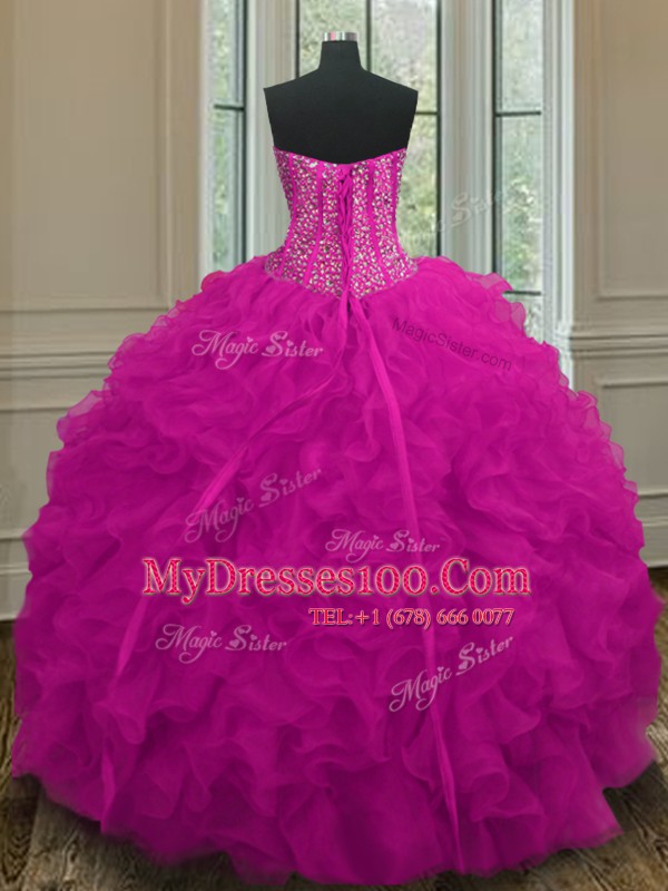 Floor Length Fuchsia Quinceanera Dresses Organza Sleeveless Beading and Ruffles