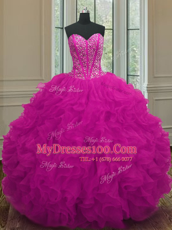 Floor Length Fuchsia Quinceanera Dresses Organza Sleeveless Beading and Ruffles