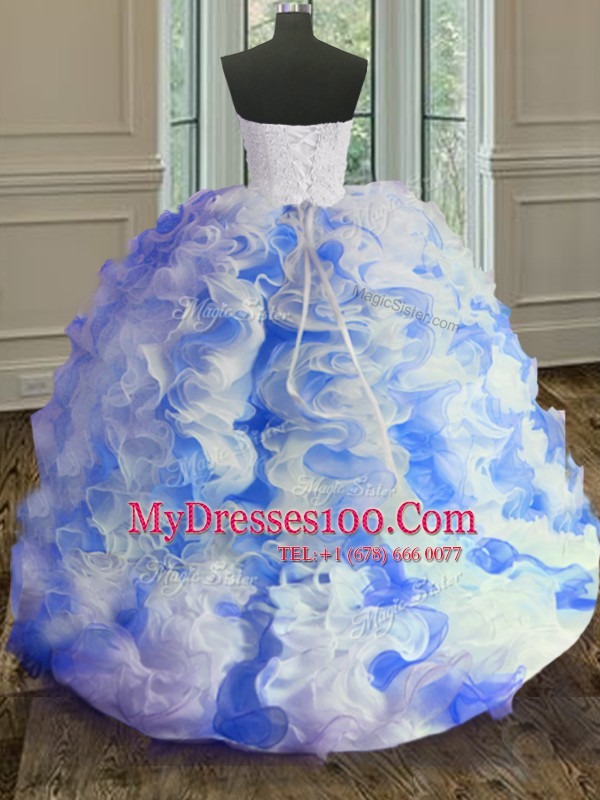 Sleeveless Floor Length Beading and Ruffles Lace Up Quinceanera Gown with White and Blue