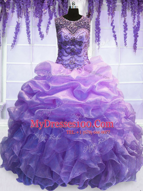 Custom Designed Scoop Organza Sleeveless Floor Length Quinceanera Gowns and Beading and Pick Ups