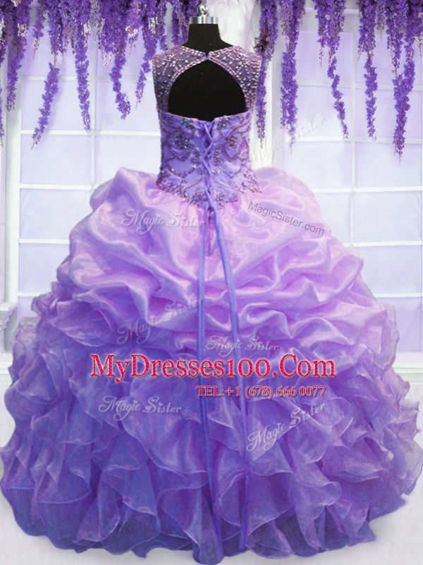 Custom Designed Scoop Organza Sleeveless Floor Length Quinceanera Gowns and Beading and Pick Ups