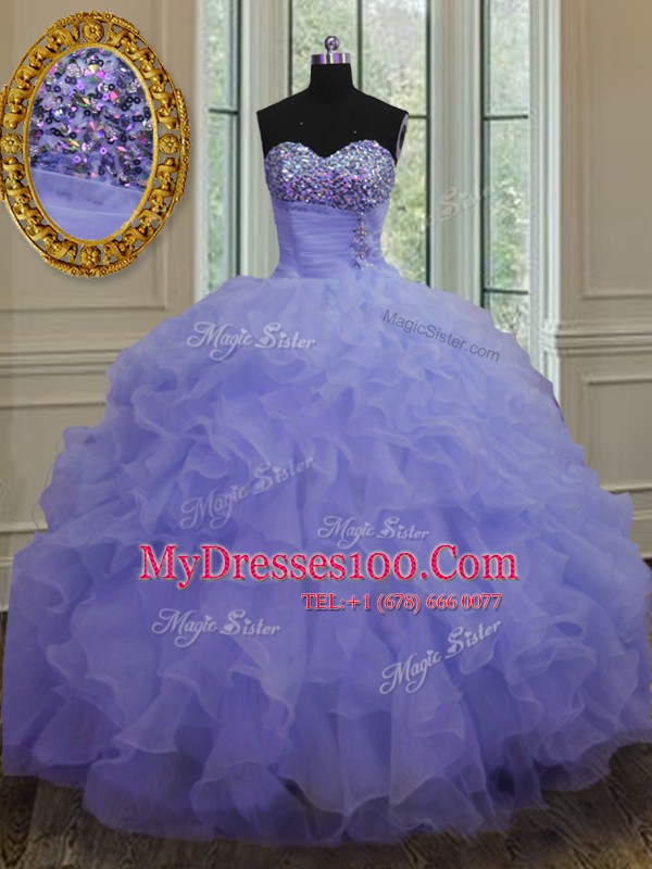 Fashionable Lavender Sleeveless Floor Length Beading and Ruffles Lace Up 15 Quinceanera Dress