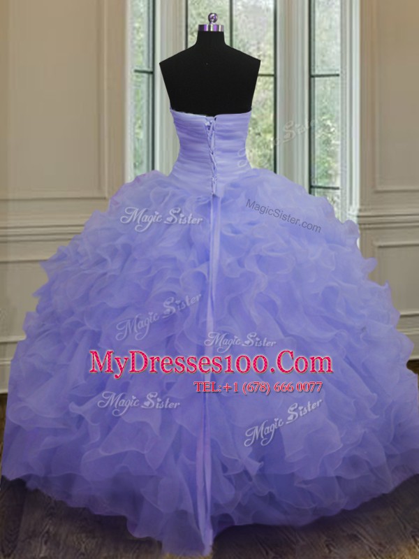 Fashionable Lavender Sleeveless Floor Length Beading and Ruffles Lace Up 15 Quinceanera Dress