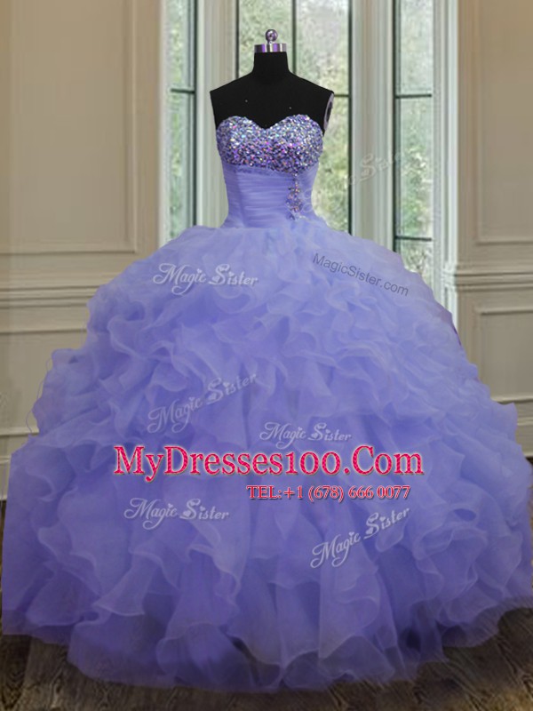 Fashionable Lavender Sleeveless Floor Length Beading and Ruffles Lace Up 15 Quinceanera Dress