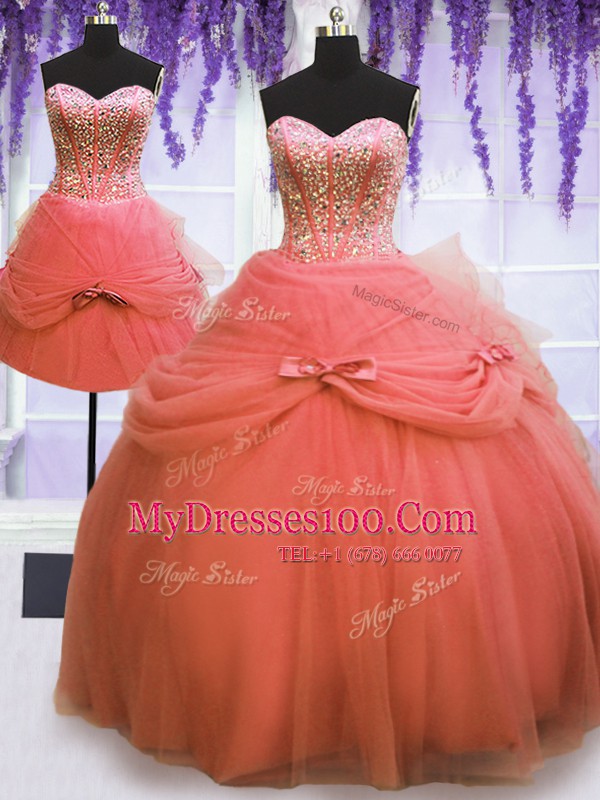 Latest Three Piece Floor Length Watermelon Red Sweet 16 Dress Sweetheart Sleeveless Lace Up