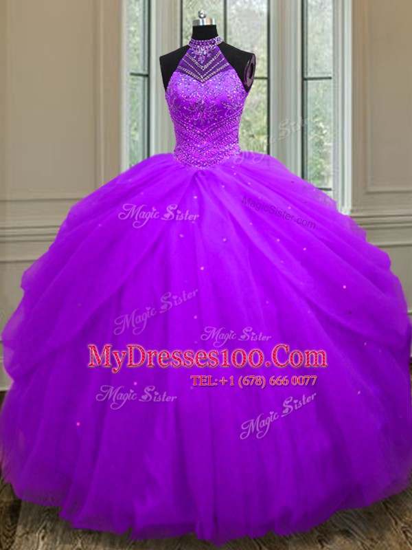 Pretty Sequins Halter Top Sleeveless Lace Up Quinceanera Dress Purple Tulle