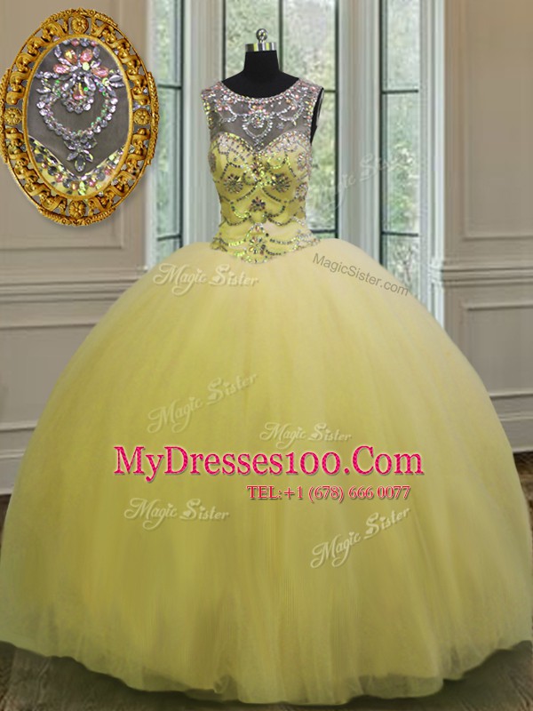 Extravagant Light Yellow Scoop Neckline Beading and Appliques Sweet 16 Dresses Sleeveless Backless