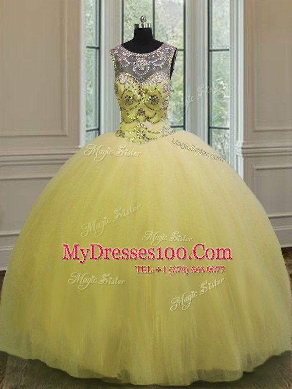 Extravagant Light Yellow Scoop Neckline Beading and Appliques Sweet 16 Dresses Sleeveless Backless