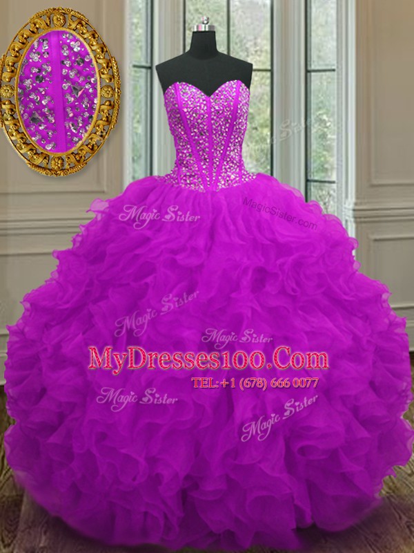 Admirable Purple Lace Up Sweetheart Beading and Ruffles Quinceanera Dresses Organza Sleeveless