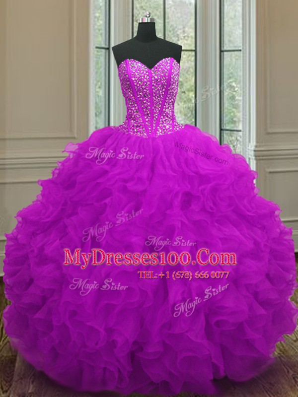 Admirable Purple Lace Up Sweetheart Beading and Ruffles Quinceanera Dresses Organza Sleeveless