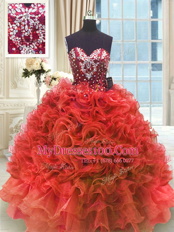 Exceptional Wine Red Organza Lace Up 15th Birthday Dress Sleeveless Floor Length Beading and Ruffles