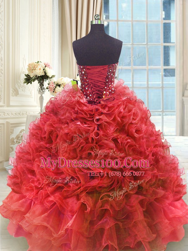 Exceptional Wine Red Organza Lace Up 15th Birthday Dress Sleeveless Floor Length Beading and Ruffles