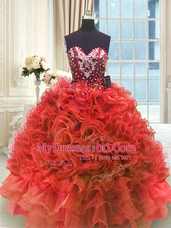 Exceptional Wine Red Organza Lace Up 15th Birthday Dress Sleeveless Floor Length Beading and Ruffles