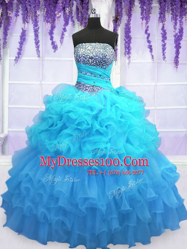 Aqua Blue Lace Up Strapless Beading and Ruffled Layers and Pick Ups Sweet 16 Dress Organza Sleeveless